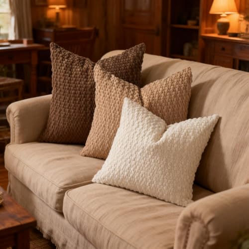 Set of 4 Bubble Chenille Throw Pillow Covers 18x18 Inch, Soft Textured Neutral Pillow Cases, Modern Minimalist Cushion Covers for Sofa Couch Living Room Bedroom, Earth Tone - color: Light Tan