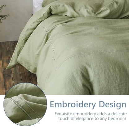 Simple&Opulence 100% Washed Linen Duvet Cover Set 68"x86" - 2 Pieces Soft Farmhouse Comforter Set Double Embroidered with Button Closure - 1 Duvet Cover and 1 Pillowsham (Sage Green, Twin) - color: 2 Embroidery Sage Green, size: Twin