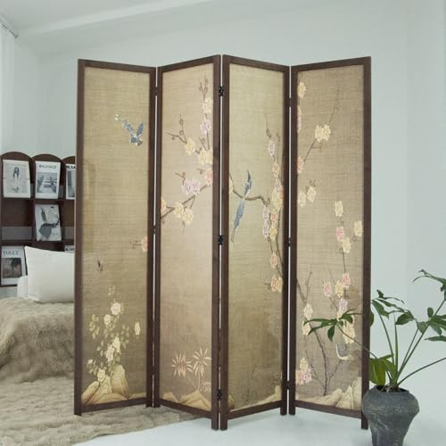 4 Panel Bamboo Room Divider, 5.6 ft Tall Double Sided Folding Privacy Screen for Room Separation, Premium Thickened Wood Frame Wall Divider, Colourful Plum (67" H x 63" W) - color: Colourful Plum, size: 4 Panel