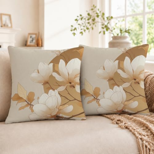 Floral 18x18 Throw Pillow Covers Set of 2, Decorative Vintage Floral Cushion Cases for Couch Sofa Bed, Morandi Peach Orange Nordic Linen Pillowcases Modern Home Decor Magnolia Flower-01 - color: Magnolia Flower-01