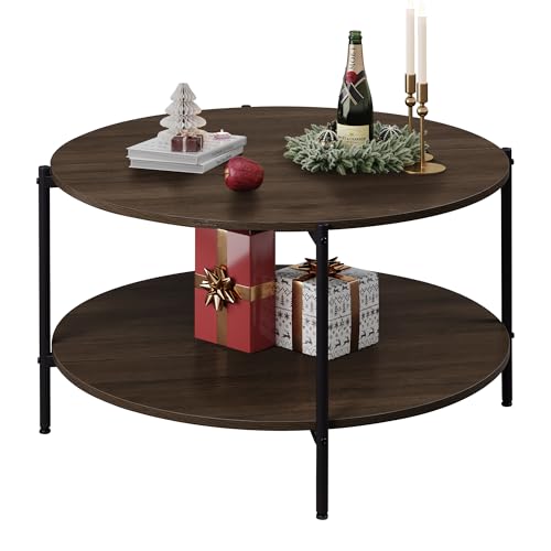 WLIVE Round Coffee Table for Living Room, 32.6" Small Coffee Table with Open Storage Shelf, 2-Tier Industrial Circle Wood Center Table for Bedroom, Home Office, Brown Walnut - color: Brown Walnut, size: 32.6"D x 32.6"W x 17.5"H