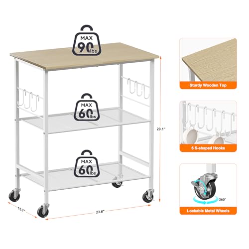 NTE Rolling Kitchen Microwave Cart, 3 Tier Microwave Stand with Storage, Small Kitchen Island on Wheels, Kitchen Storage Cart with 6 Hooks for Kitchen, Coffee Bar, Living Room, Balcony - color: White