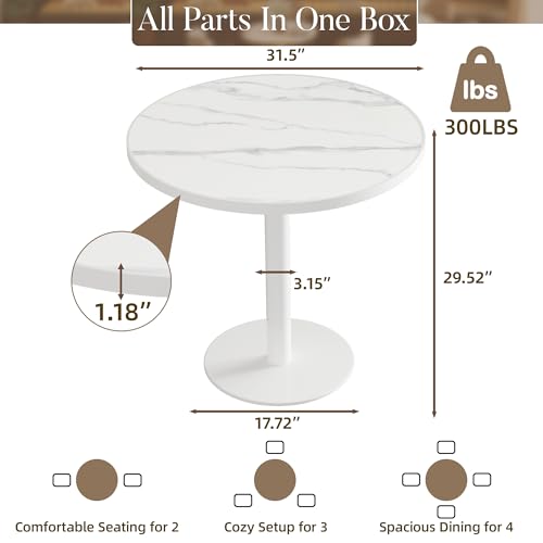 31.5'' Tulip Table, Round Dining Table with Matte Sintered Stone Tabletop | White Aluminum Alloy Edge & Pedestal, Small Bistro Table for Dining Room/Café/Small Spaces/Restaurant (Snow Peak Marble) - color: Snow Peak Marble (White Edge), size: Round