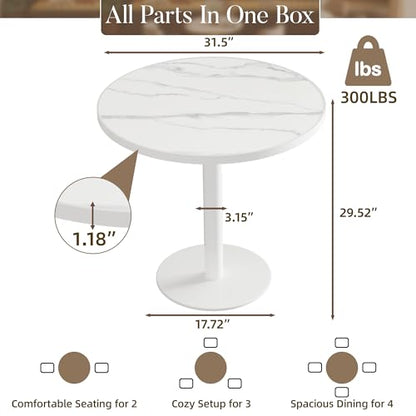 31.5'' Tulip Table, Round Dining Table with Matte Sintered Stone Tabletop | White Aluminum Alloy Edge & Pedestal, Small Bistro Table for Dining Room/Café/Small Spaces/Restaurant (Snow Peak Marble) - color: Snow Peak Marble (White Edge), size: Round