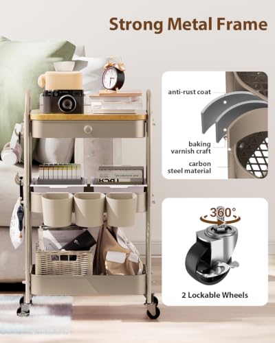 ALVOROG 3 Tier Metal Rolling Cart with Drawer,Wood Top,Pegboards,Khaki | Storage Utility Cart with Drawers,Pegboards,Lockable Wheels,Baskets,Hooks for Kitchen,Office,Bedroom,DIY Supplies - color: Khaki