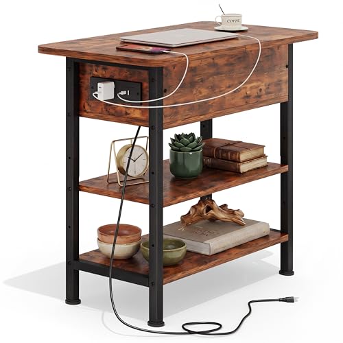 GRUSIGN End Table with Charging Station, Flip Top Side Table with USB Ports and Outlets, 3-Tier Small Side Table with Storage for Small Space, End Tables for Living Room/Bedroom, Rustic Brown - color: Rustic Brown