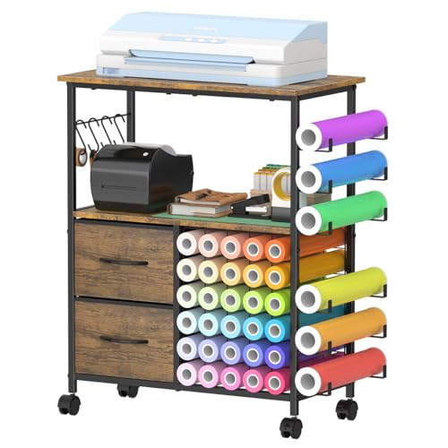 Storage Cart Compatible with Cricut Machines, 30 Vinyl Roll Holders with 2 Drawers, Mobile Rolling Craft Cabinet Table for Accessories Holder, Tool Hook for Craft Room Home, DIY