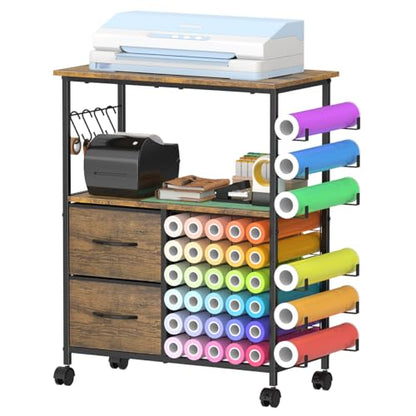 Storage Cart Compatible with Cricut Machines, 30 Vinyl Roll Holders with 2 Drawers, Mobile Rolling Craft Cabinet Table for Accessories Holder, Tool Hook for Craft Room Home, DIY