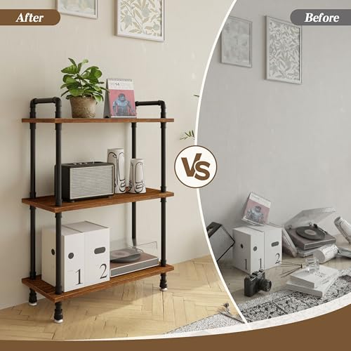 Industrial Bookshelf, Pipe Shelf Bookcase, 3 Tier, 30" Rustic Brown | Solid pine shelves, 30 inch wide, black pipe frame, 35 lbs per shelf, open bookcase for books, plants, office - color: Rustic Brown, size: 30"L × 39"H