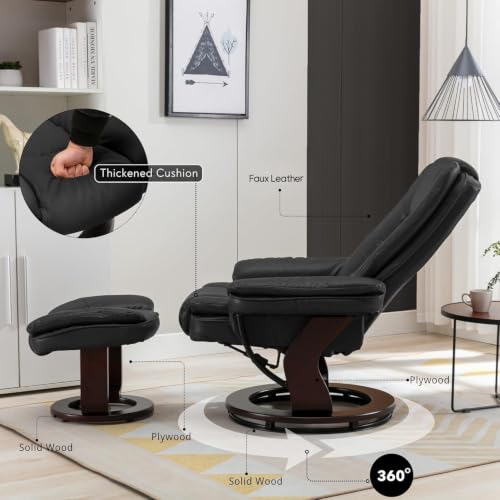 Swivel Recliner Chair with Ottoman Reclining Lounge Sofa Footrest, Set of 1 | 360°Sturdy Wood Base, Soft Faux Leather, Upholstered Ultra-Plush Foam, Modern Armchair, Living Room Bedroom Office Reading - color: Black, size: Set of 1