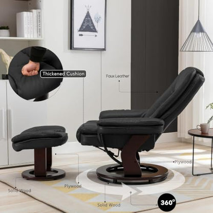 Swivel Recliner Chair with Ottoman Reclining Lounge Sofa Footrest, Set of 2 | 360°Sturdy Wood Base, Soft Faux Leather, Upholstered Ultra-Plush Foam, Modern Armchair, Living Room Bedroom Office Reading - color: Black, size: Set of 2