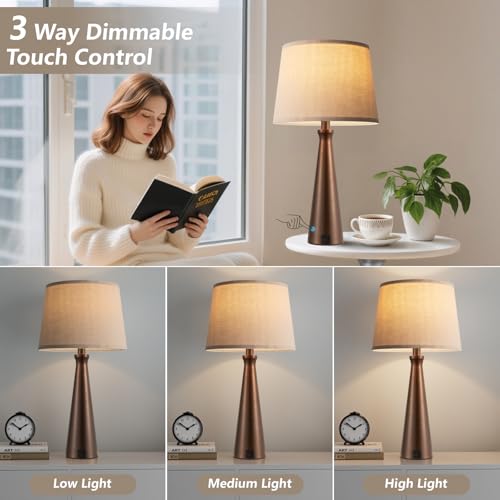 Modern Touch Lamps for Nightstand, 3 Way Dimmable Bedroom Lamp Set of 2 | USB C+A Charging Ports, Brown Bedside Lamps for Bedroom, Living Room, End Table, Bed Side, LED Bulb Included - color: F. Brown Base-Oat Shade