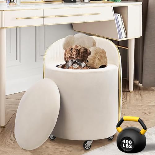 Round Storage Ottoman, Upholstered Velvet Vanity Stool with Lumbar Support, Swivel Rolling Wheels, Small Foot Stools Coffee Table Padded Seat for Makeup Room, Living Room, Bedroom Beige - color: Beige