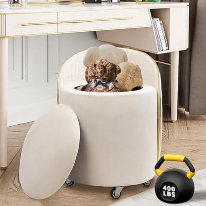 Round Storage Ottoman, Upholstered Velvet Vanity Stool with Lumbar Support, Swivel Rolling Wheels, Small Foot Stools Coffee Table Padded Seat for Makeup Room, Living Room, Bedroom Beige - color: Beige