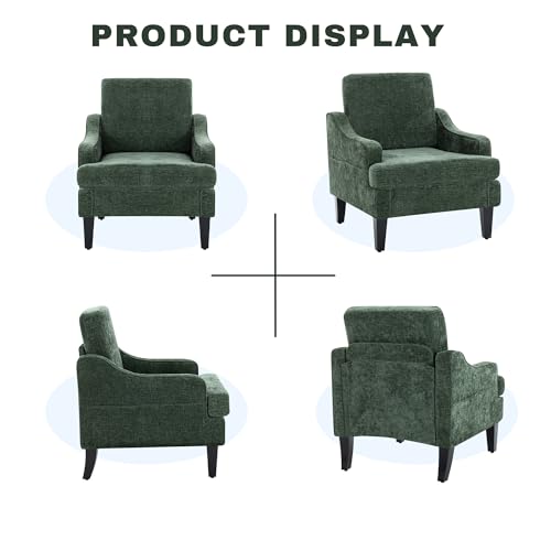 Accent Chair for Living Room,Mid-Century Arm Chair Chenille Fabric Living Room Chairs,Upholstered Reading Chair for Bedroom,Single Sofa Chair with Wood Legs for Apartment (Green) - color: Green