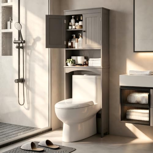 Bealife Over The Toilet Storage Cabinet with Open Shelf - Grey | Over Toilet Bathroom Organizer with Adjustable Shelf and Double Doors, Space Saver Free Standing Storage Shelf for Bathroom - color: Grey