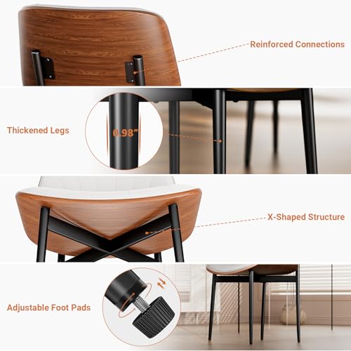 YaFiti Mid Century Dining Chairs Set of 2 with Walnut Bentwood, White | Ergonomic Walnut Backrest, Upholstered Waterproof PU Leather Seat, Stable Metal Legs, Adjustable Footpads, Apartment Friendly - color: White Scallop