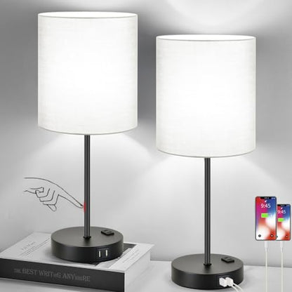 Lynnoland Set of 2 Touch Control Table Lamps with 2 USB & AC Outlet, 3-Way Dimmable Bedside Nightstand Lamps for Bedroom Living Room Nursery, 800 Lumens 5000K Daylight Bulbs Included - color: (2 Pack)Gray & Matte Black(Base)-5000K Bulbs Included