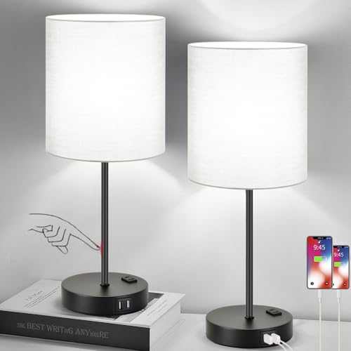 Lynnoland Set of 2 Touch Control Table Lamps with 2 USB & AC Outlet, 3-Way Dimmable Bedside Nightstand Lamps for Bedroom Living Room Nursery, 800 Lumens 5000K Daylight Bulbs Included - color: (2 Pack)Gray & Matte Black(Base)-5000K Bulbs Included