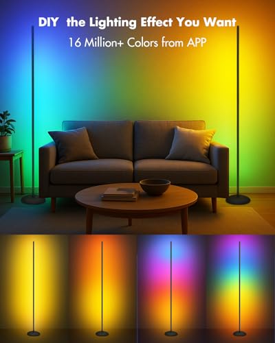 Corner Floor Lamp, Smart RGB LED Corner Lamps for Living Room | APP & Remote Control, Dimmable 16 Million Color Changing & 213 Scenes, Music Sync, Standing LED Lights for Bedroom - Black - color: Black, size: 1_Pack