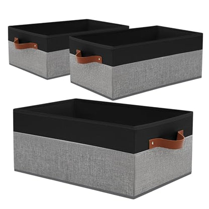 3 Pack Large Capacity Storage Bins Closet Organizer for Shelves | Fabric Closet Storage Baskets Boxes with Leather Handles for Organizing Clothes, Sheets, Jeans, Toys, Books (Black and Grey) - style: 3 Pack Black & Grey