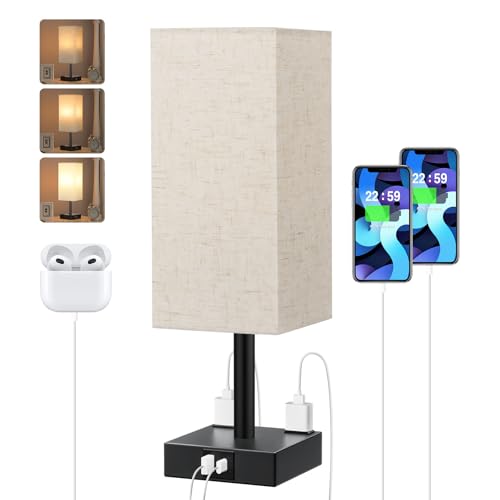 Beige Touch Table Lamp for Bedroom - Dimmable, USB C+A, 2 AC Outlets | 3-Way Dimming, 3000K Bulb Included, Square Beige Lampshade and Black Base, Desk Lamp for Nightstand, Living Room, Dorm - color: 1 Beige & Black, size: 14.0in