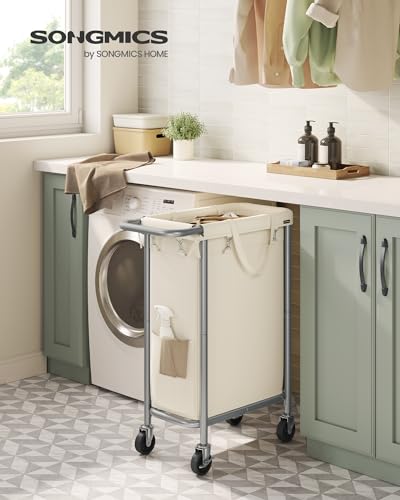 SONGMICS Laundry Basket with Wheels, Rolling Laundry Hamper, 23.8 Gallons (90 L), Removable Liner, Steel Frame with Handle, 24 x 11.4 x 31.9 Inches, Cream White URLS003W01 - color: Cream White, size: 90 L (1-Section)