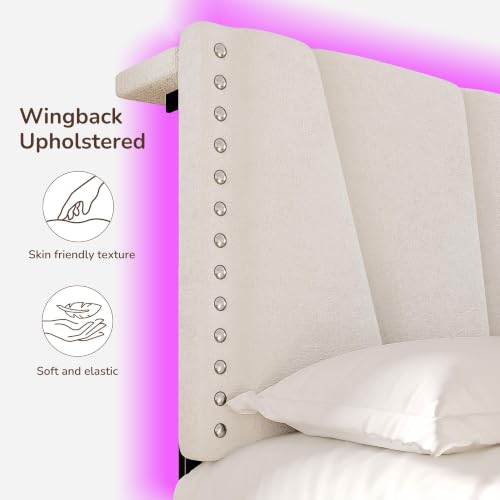 EnHomee Queen Bed Frame with LED Lights & USB, Noise-Free, Beige | Adjustable Velvet Headboard,Under-Bed Space, Heavy Duty Support with 12 Slats, No Box Spring Needed, Easy Assembly - color: Beige, size: Queen (U.S. Standard)