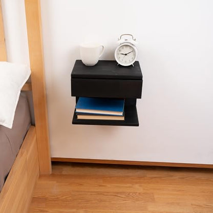 Floating Nightstand Side Accent or End Table with Storage Drawer, Wood Bedside Shelf, Handmade Floating Table, Nightstand Shelf (Black) - color: Black