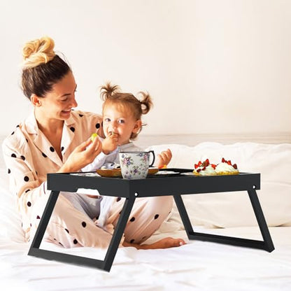 Bamboo Bed Tray Table with Folding Legs, Large, Black | Large FSC-certified bamboo bed tray with folding legs, handles and raised edges for meals, laptops, reading and serving. - color: Black, size: Large