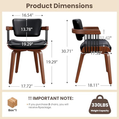 Dining Chairs with Armrest, Set of 2, Mid-Century Modern Kitchen Chair | with Wood Legs, Upholstered PU Leather for Dining Room, Kitchen, Restaurant, Cafe, Black - color: Black