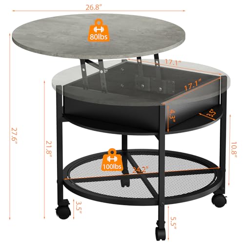 VINGLI 27" Round Lift Top Coffee Table with Wheels & Lights, Black & Grey | Removable Coffee Table with Hidden Compartment Storage & Metal Shelf, Small Farmhouse Coffee Tables for Living Room, Office - color: Black & Grey