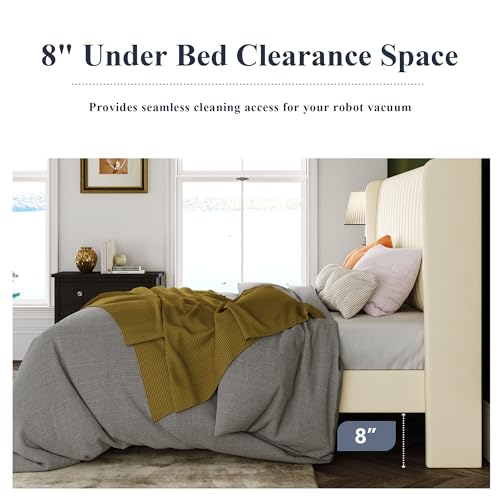 Allewie Full Size Velvet Bed Frame/Vertical Channel Tufted Wingback Headboard/Upholstered Platform Bed/Strong Wooden Slats/No Box Spring Needed/Easy Assembly/Cream White - color: Cream White, size: Full