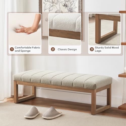 Zihanhome 52.7" Bedroom Bench for End of Bed, Modern Upholstered Teddy Fabric Entryway Bench & Dining Bench, Footrest Stool Bench with Solid Wood Frame for Bedroom, Living Room (Camel) - color: Camel