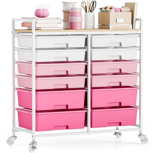 TOOLF 12 Drawers Rolling Storage Cart with Wooden Top for Classroom,Pink | Teacher Cart Craft Art Supply Organizer, Utility Cart with Lockable Wheels for Home Household Essentials, Office Organization - color: Gradient Pink