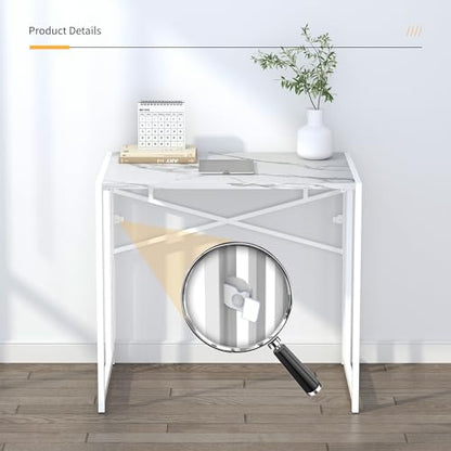 Lutown-Teen 32 inch Folding Small Desk, White Marble | Writing Gaming Computer Camping Desk for Small Spaces, No Assembly Required Home Office Desk - color: White Marble, size: 32 Inch