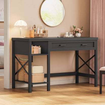 SEDETA 40" Small Computer Desk, Farmhouse Small Desk with Drawer & Storage Shelves, Writing Desk with Power Outlet, Study Table for Small Space, Desk for Bedroom, Home Office, Black - color: Black