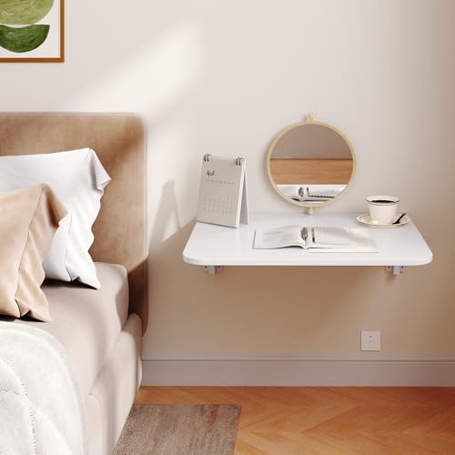 HOOBRO Folding Table, Wall Mounted Desk, Floating Wall Desk with Iron Bracket, Drop Leaf Table for Small Spaces, for Kitchen, Laundry Room, Home, Office, White WT054BZ01 - color: White