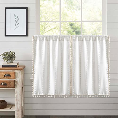 RoomTalks White Boho Farmhouse Kitchen Curtains 36 Inch Length French Striped Modern Vintage Chic Textured Tassel Short Cafe Curtains for Small Window Kitchen Bathroom Bohemian Decor - color: White, size: 24"W x 36"L (Pack of 2)