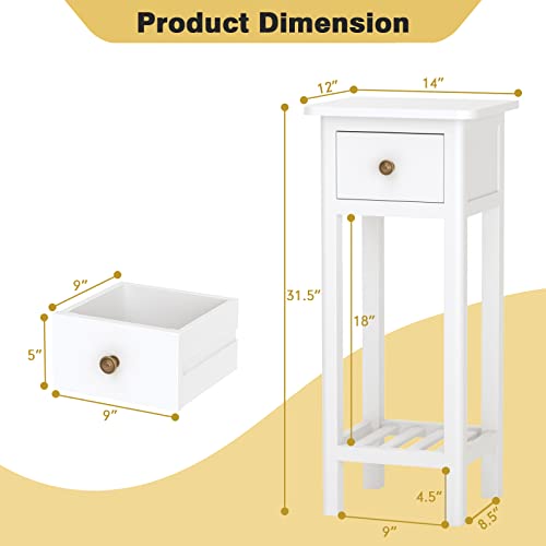 Narrow End Table, Tall Nightstand with Drawer & Shelf, Small Bedside Table w/Anti-Tipping Device, No Assembly, White - color: White