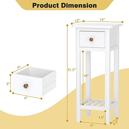 Narrow End Table, Tall Nightstand with Drawer & Shelf, Small Bedside Table w/Anti-Tipping Device, No Assembly, White - color: White