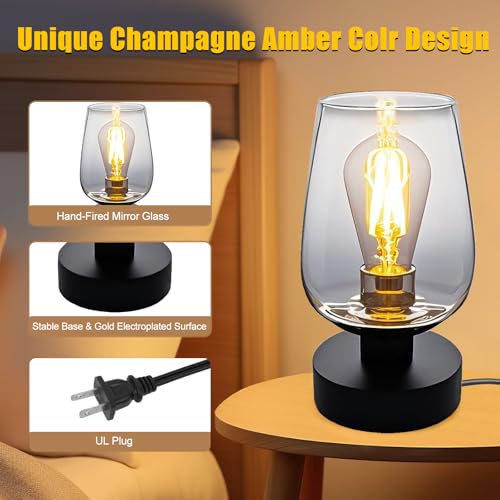 INVGOOD 3 Way Dimmable Touch Bedside Table Lamp, Black Glass Small Desk Lamp with Three Charging Ports for Bedroom Living Room Nightstand, 800LM LED Warm White Bulb Included - color: Black