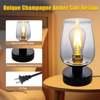 INVGOOD 3 Way Dimmable Touch Bedside Table Lamp, Black Glass Small Desk Lamp with Three Charging Ports for Bedroom Living Room Nightstand, 800LM LED Warm White Bulb Included - color: Black