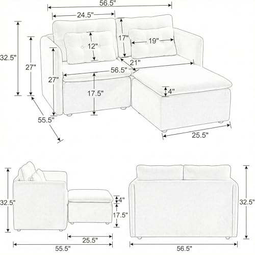 HNY 56.5" Modern Loveseat Sofa, Beige | 2-Seat Button Tufted Love Seat, Deep Seat Chenille Fabric With Pillow, Small Couch for Bedroom, Apartment, Home Furniture - color: Beige, size: 2 Seater-L Shape