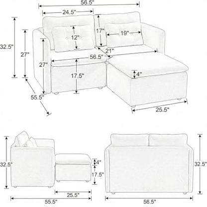 HNY 56.5" Modern Loveseat Sofa, Beige | 2-Seat Button Tufted Love Seat, Deep Seat Chenille Fabric With Pillow, Small Couch for Bedroom, Apartment, Home Furniture - color: Beige, size: 2 Seater-L Shape