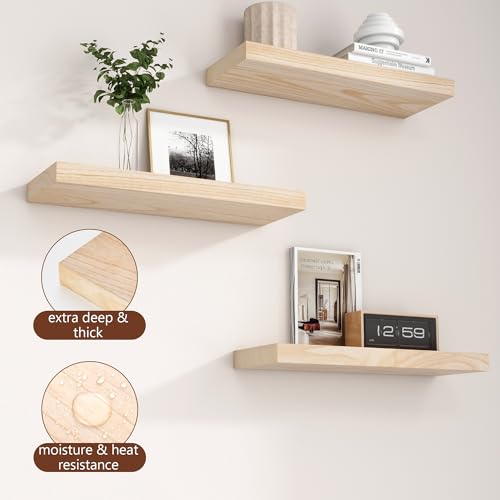 fuqing Natural Wood Floating Shelves, 17 Inch Wooden Wall Shelves Set of 3 | 6.7 Inch Deep Natural Wooden Shelves for Bathroom Living Room, Lightweight, 30LBS, Hardware Included, Waterproof Finish - color: Natural, size: 17 Inch