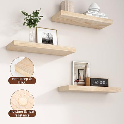 fuqing Natural Wood Floating Shelves, 17 Inch Wooden Wall Shelves Set of 3 | 6.7 Inch Deep Natural Wooden Shelves for Bathroom Living Room, Lightweight, 30LBS, Hardware Included, Waterproof Finish - color: Natural, size: 17 Inch
