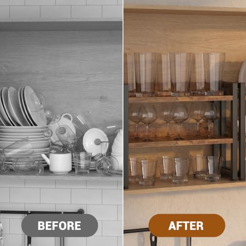 Kitchen Countertop Organizer Shelf, 3 Tier Spice Rack Wood Coffee Counter Shelf Kitchen Cabinet Organizer with Metal Leg for Countertop, Pantry, Bathroom Countertop Organizer, Rustic Brown
