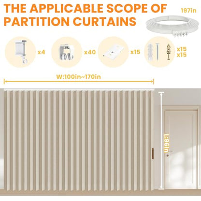 100% Blackout Room Divider Curtains Ceiling Curtain Track Sets Blackout Curtains Ceiling Track for Curtain Flexible Track Curtain Extra Wide(Beige, W180 x L96, 1 Pack) - color: Beige, size: 180"W x 96"L (Pack of 1)