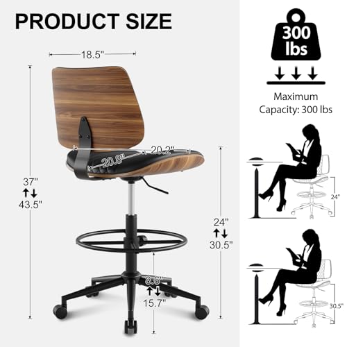 Drafting Chair with Adjustable Footrest, Rolling Walnut Stool, Black | Armless Tall Swivel Stool for Standing Desk, PU Leather Curved Bentwood, Rolling for Office & Art Studio, 300LBS Capacity - color: Black